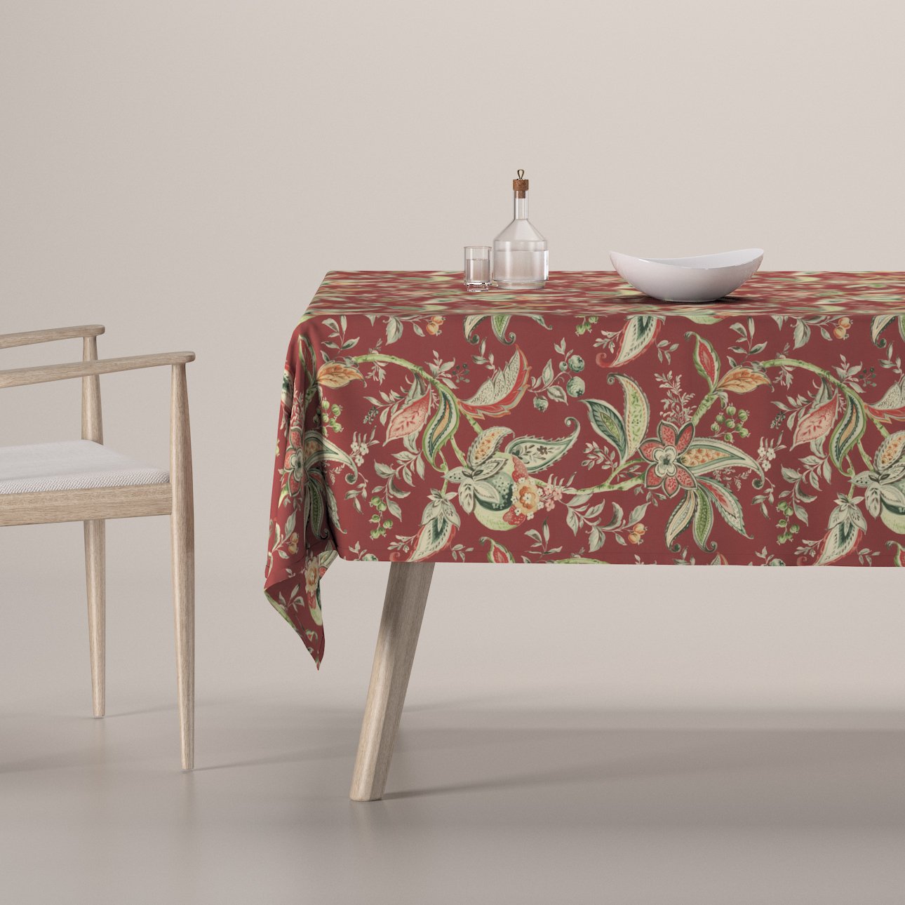 Dekoria Obrus na stôl obdĺžnikový, kvetinové vzory na pozadí z tehlovo-červenom podklade, Gardenia, 142-12