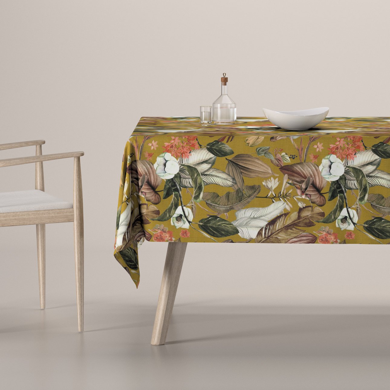 Dekoria Obrus na stôl obdĺžnikový, kvety na horčicovom podklade, Abigail, 143-09