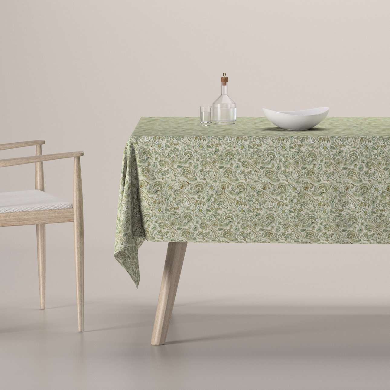 Dekoria Obrus na stôl obdĺžnikový, zeleno - pomarančové vzory na béžovom podklade, Flowers, 143-68