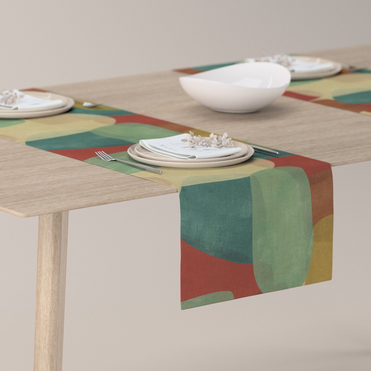Dekoria Štóla na stôl, geometryczne wzory w czerwono-zielonej kolorystyce, 40 x 130 cm, Vintage 70\'s, 143-75