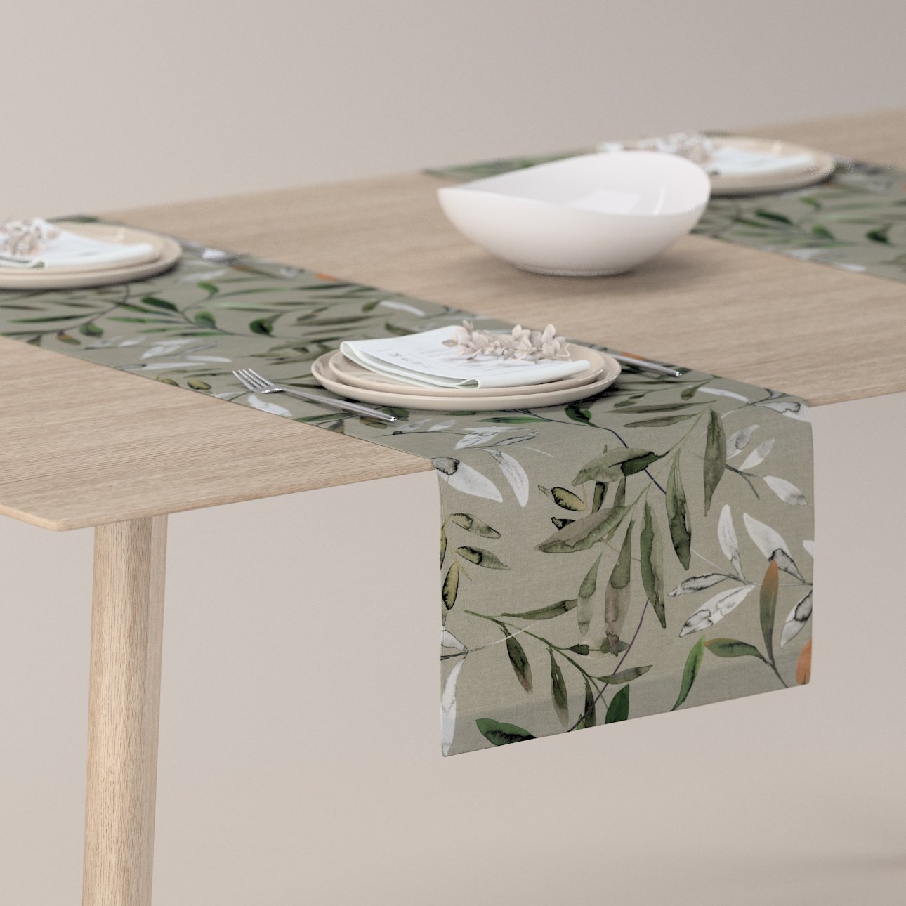 Dekoria Štóla na stôl, zelené vetvy na sivom pozadí, 40 x 130 cm, Eden, 144-23