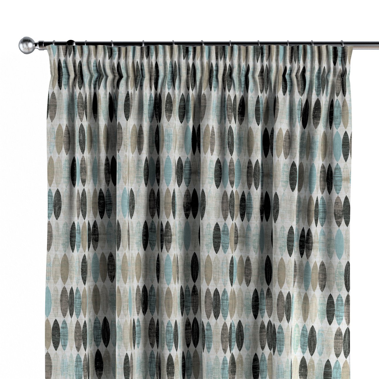 Dekoria Závěs s řasící páskou, oválky odstíny černé, hnědo-šedé a modré na světlém podkladu, Modern, 141-91