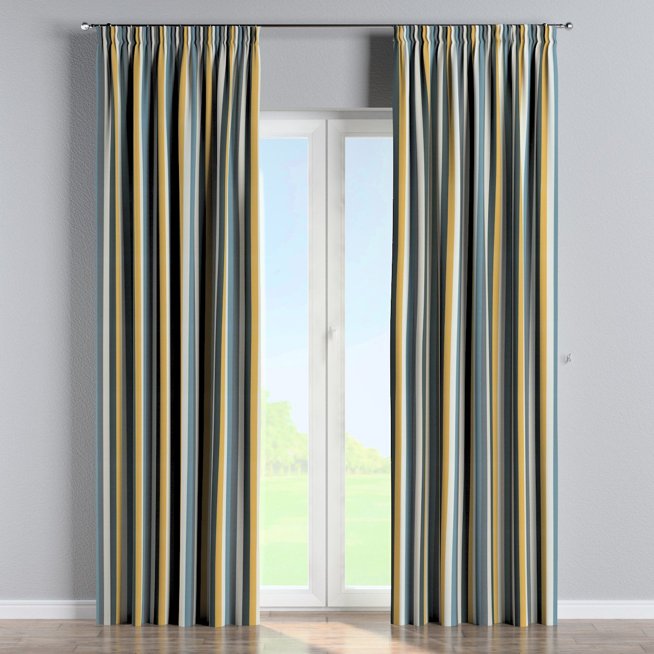 Vorhang mit Kräuselband, blau-gelb-grau, 143-59