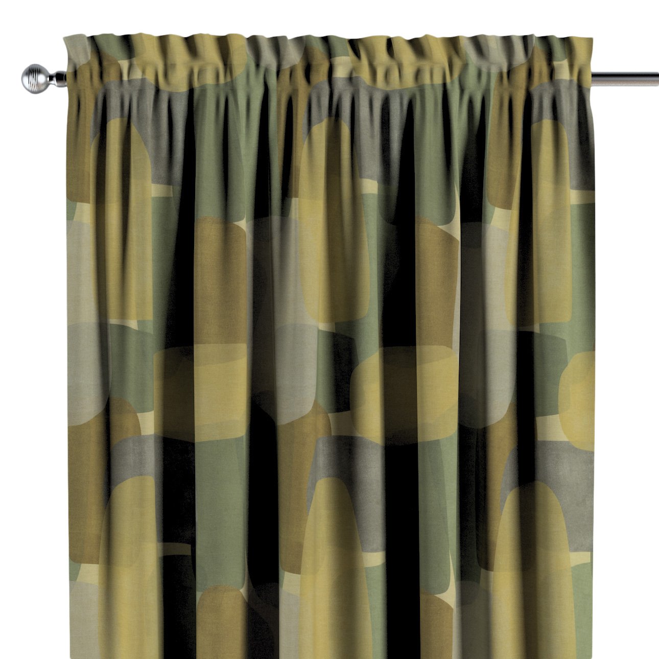 Dekoria Záves s navliekacou riasiacou páskou, geometrické vzory v zeleno - hnedých farbách, Vintage 70\'s, 143-72