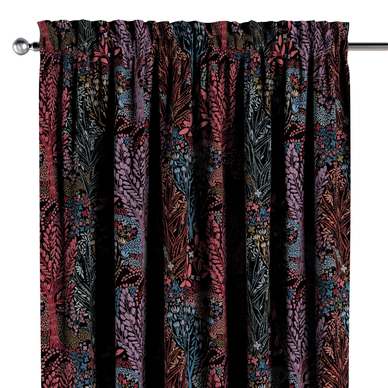 Dekoria Záves s navliekacou riasiacou páskou, farebný kvetinový motív na čiernom pozadí, Intenso Premium, 144-26