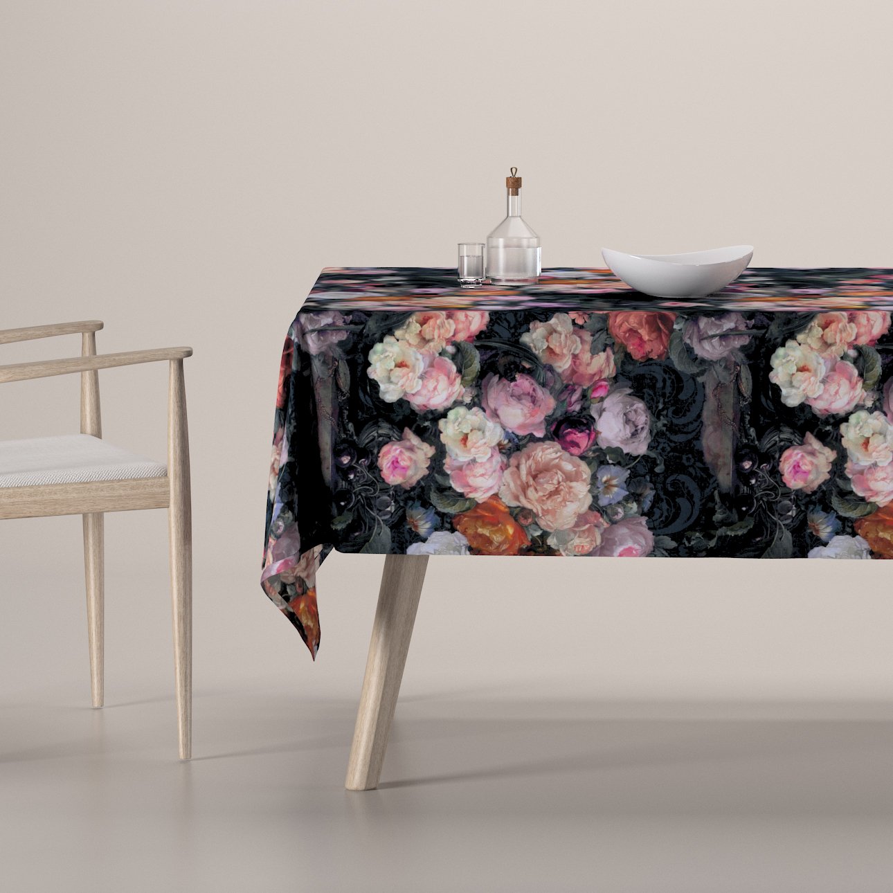 Dekoria Obrus na stôl obdĺžnikový, farebné kvety na tmavom pozadí, Gardenia, 161-02