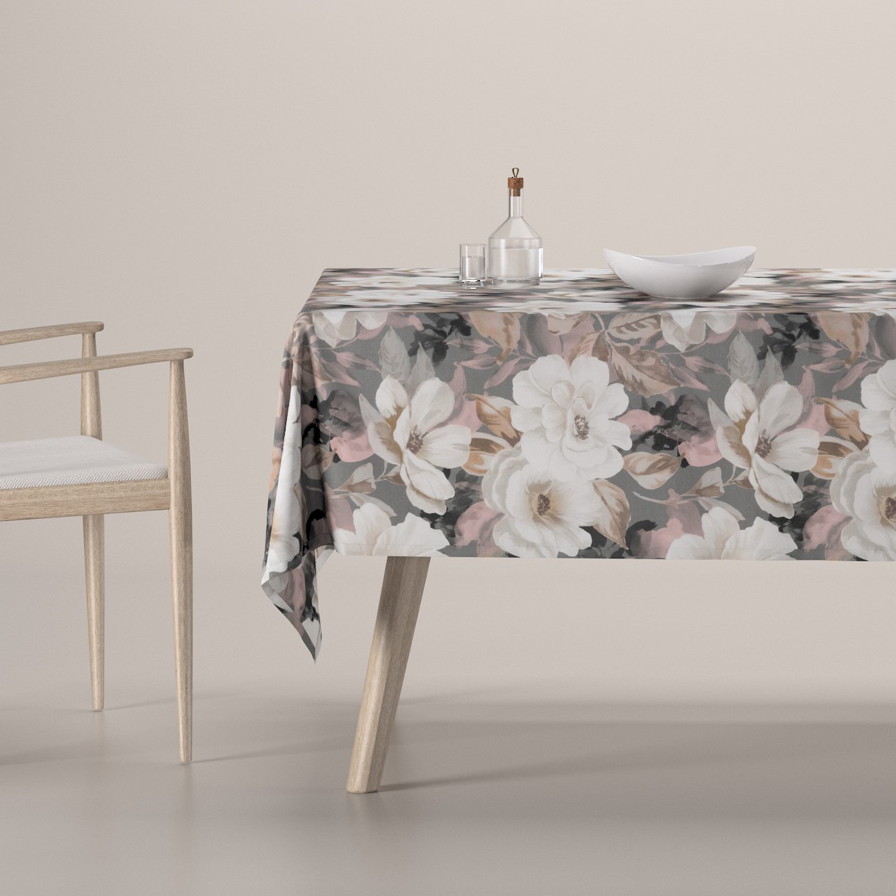 Dekoria Obrus na stôl obdĺžnikový, svetlé kvety na sivom podklade so svetlo ružovou a béžovou, Gardenia, 142-13