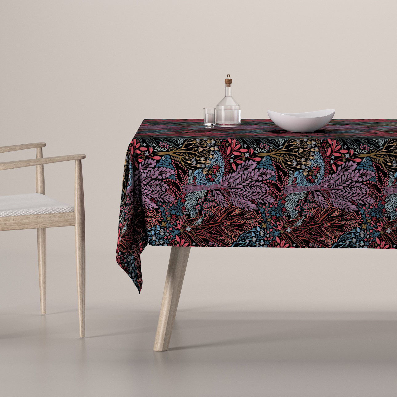 Dekoria Obrus na stôl obdĺžnikový, farebný kvetinový motív na čiernom pozadí, Intenso Premium, 144-26