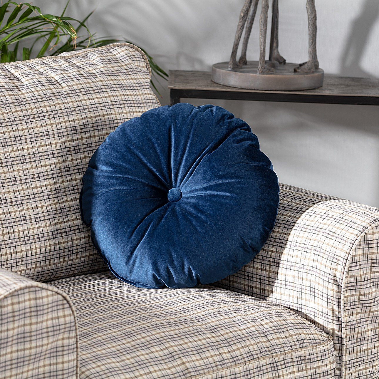 Round blue shop velvet pillow