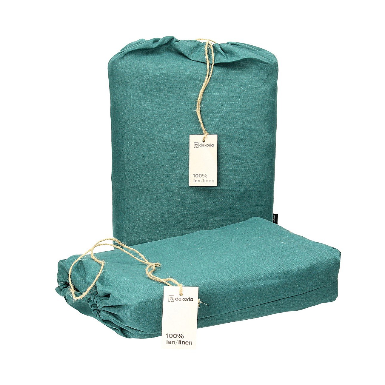 E-shop Dekoria Súprava posteľných ľanových obliečok Linen 220x200cm emerald green, 220 x 200 cm/ 2 poszewki 80 x 70 cm