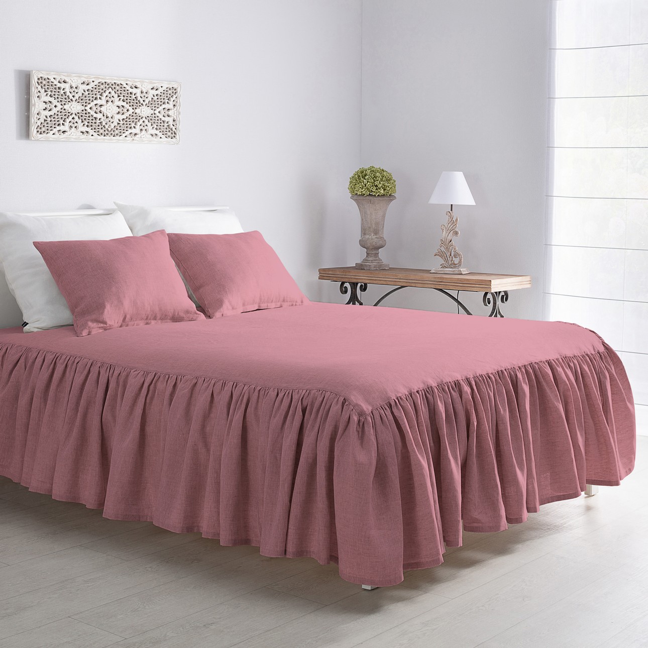 E-shop Dekoria Prehoz Linen Frilly 160x210cm ružový, 160 x 210 CM