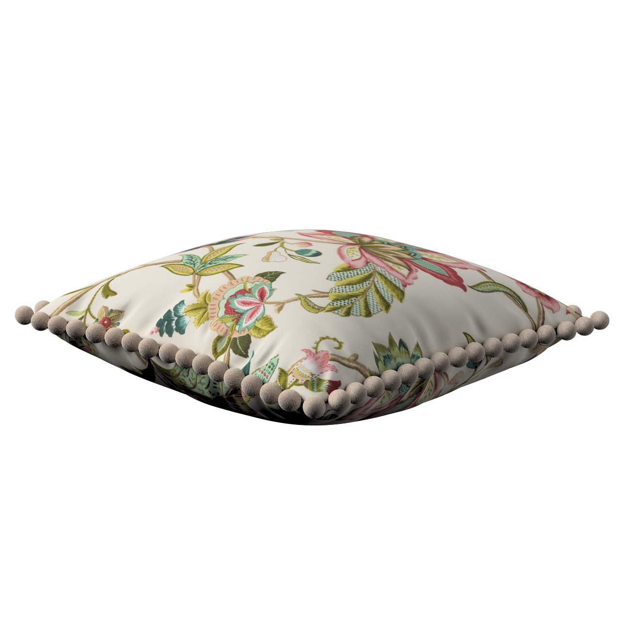 Vera cushion cover with pom poms, multicolour big flowers on light