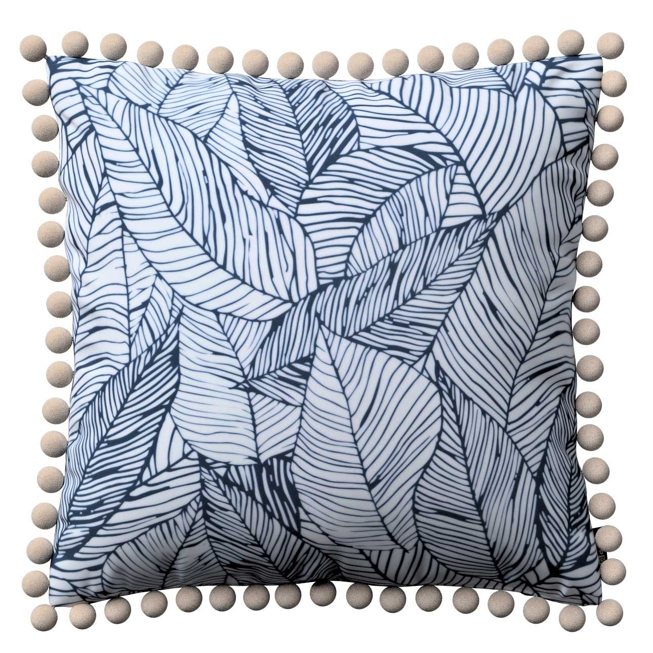 Dekoria Věra - potah na polštář ozdobné bambulky po obvodu, bílá a tmavě modrá, 45 x 45 cm, Velvet, 704-34