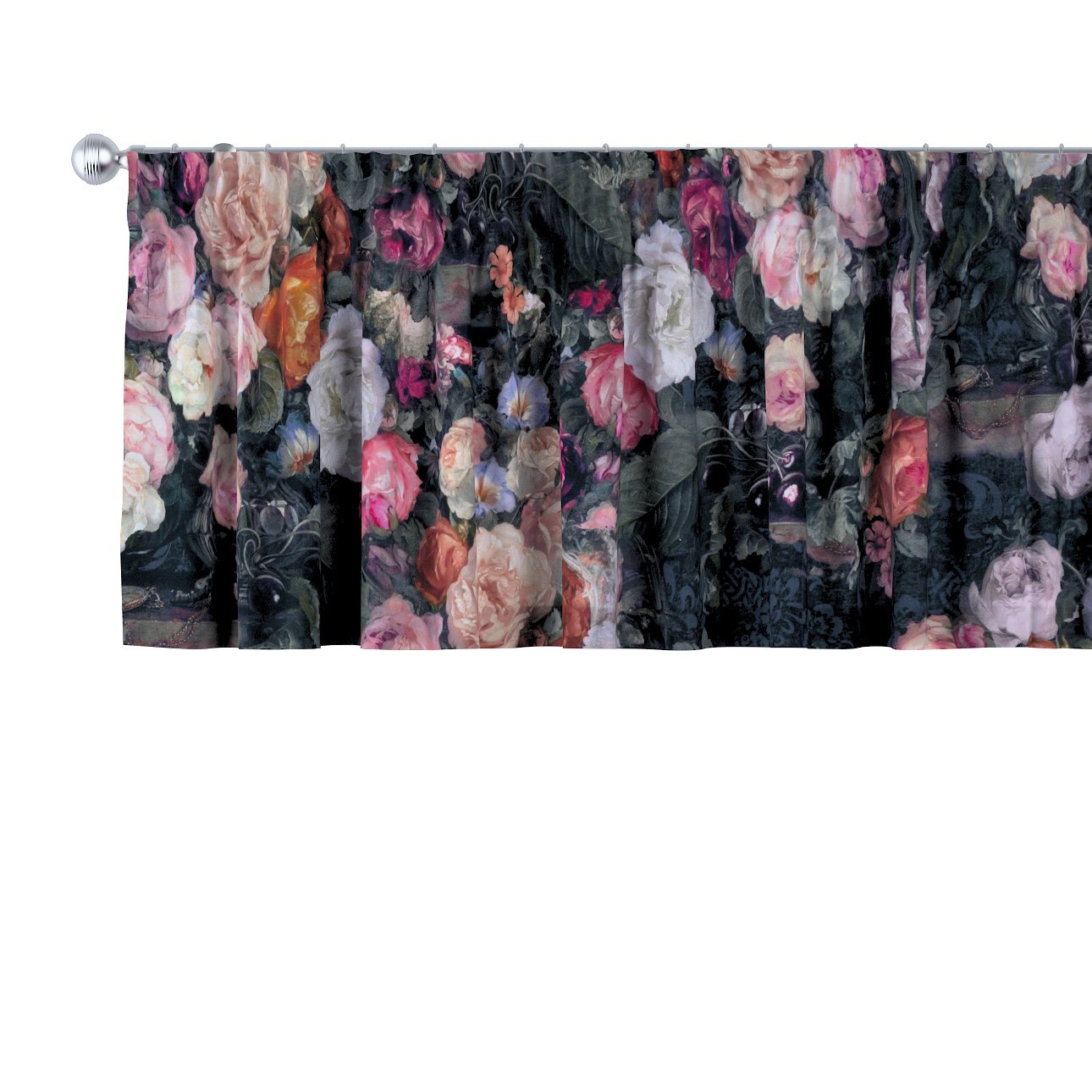 Dekoria Krátky záves na riasiacej páske, farebné kvety na tmavom pozadí, 390 x 40 cm, Gardenia, 161-02