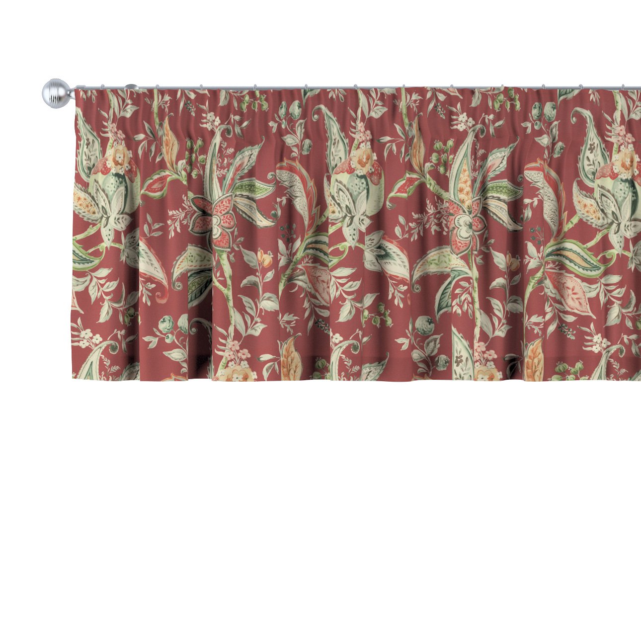Dekoria Krátky záves na riasiacej páske, kvetinové vzory na pozadí z tehlovo-červenom podklade, 390 x 40 cm, Gardenia, 142-12