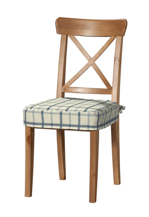 Dekoria Sedák na židli IKEA Ingolf, režný podklad, světle modrá mřížka, židle Inglof, Avignon, 131-66
