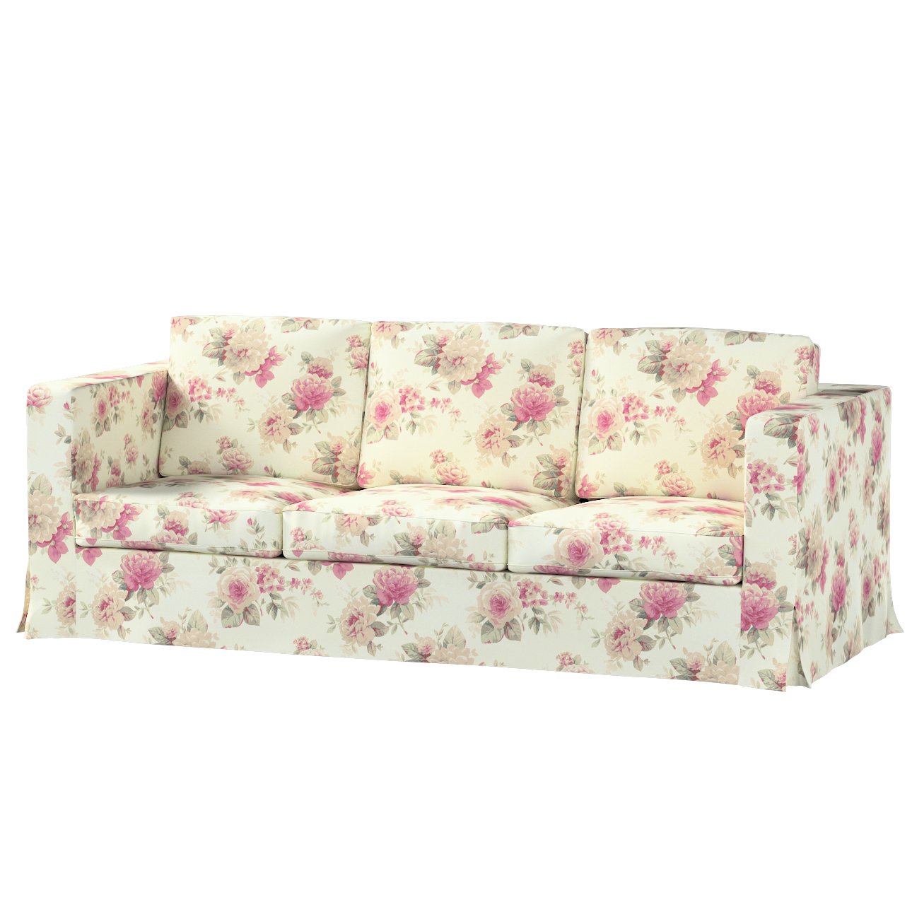 Floor length Karlanda 3seater sofa cover, pink and beige roses, ivory