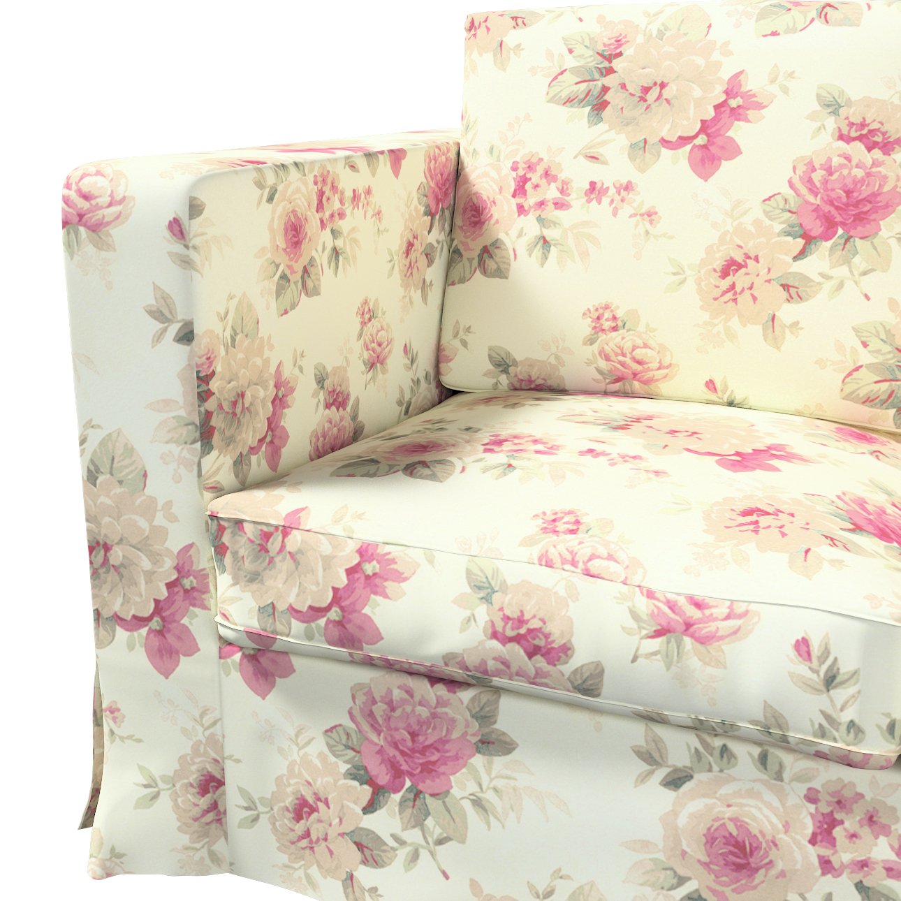 Floor length Karlanda 3seater sofa cover, pink and beige roses, ivory