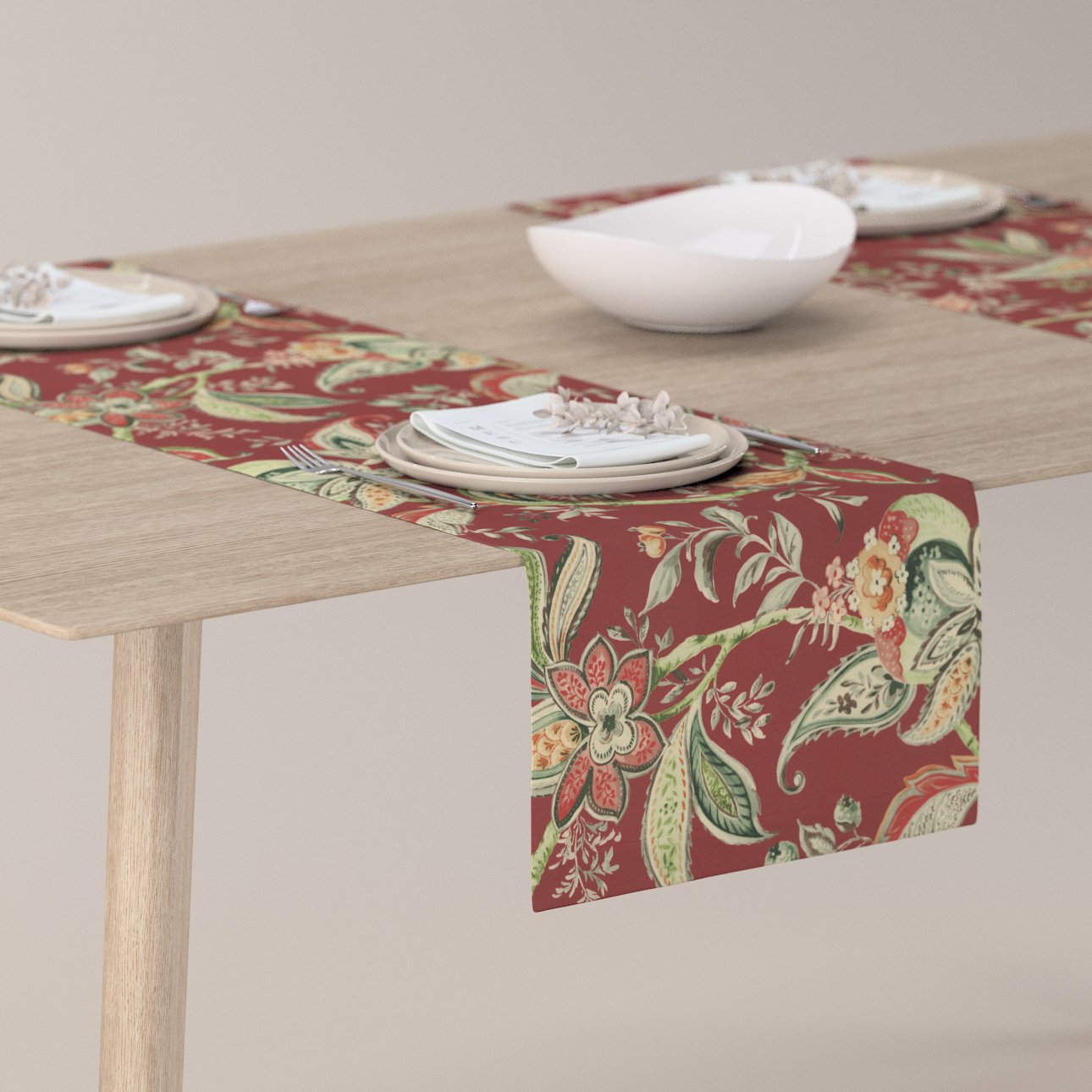 Dekoria Štóla na stôl, kvetinové vzory na pozadí z tehlovo-červenom podklade, 40 x 130 cm, Gardenia, 142-12