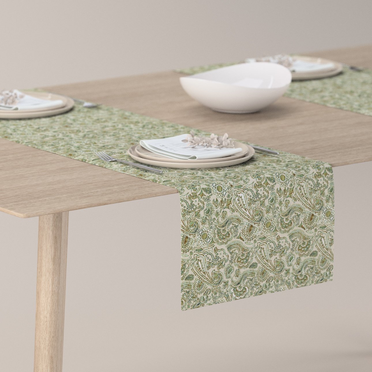 Dekoria Štóla na stôl, zeleno - pomarančové vzory na béžovom podklade, 40 x 130 cm, Flowers, 143-68