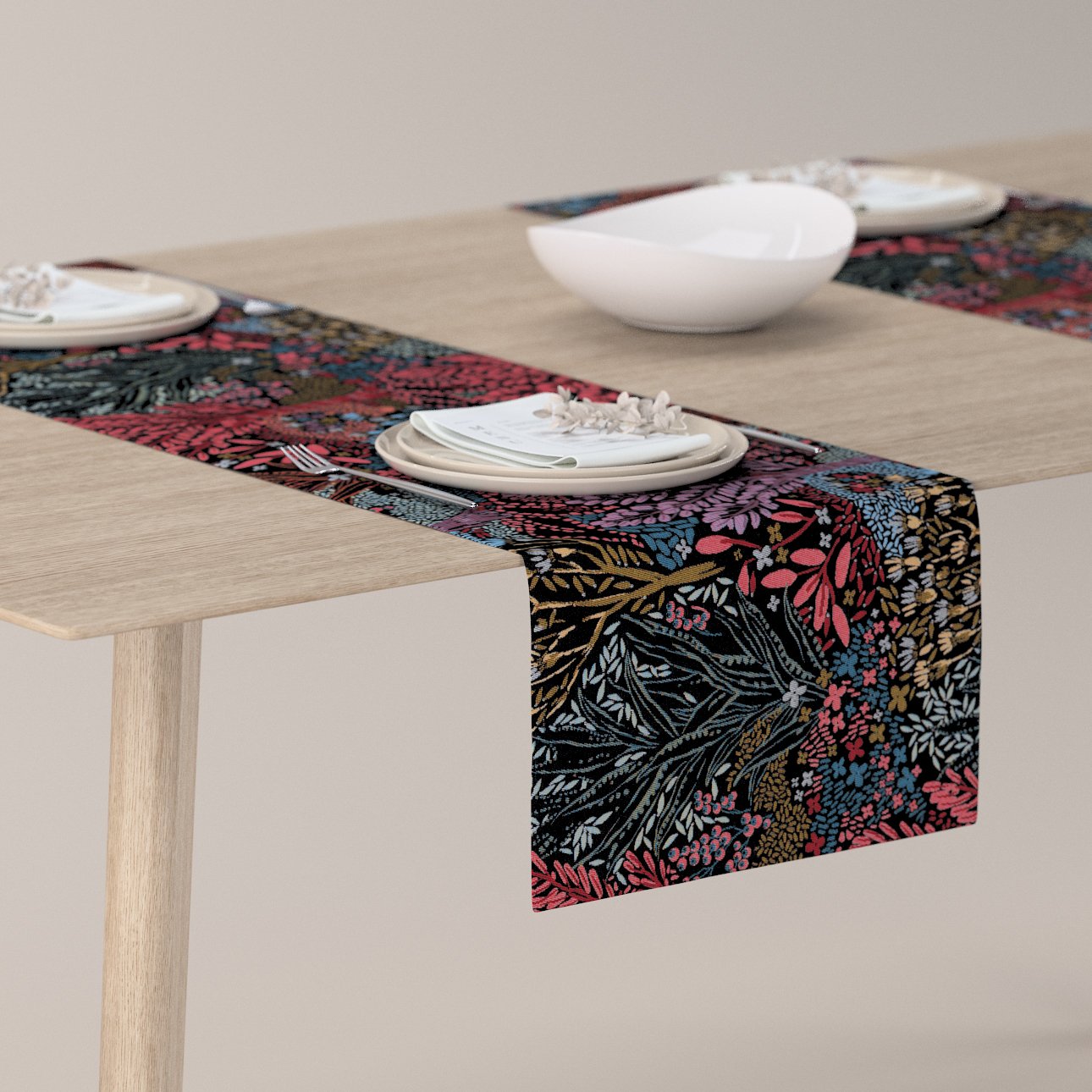 E-shop Dekoria Štóla na stôl, farebný kvetinový motív na čiernom pozadí, 40 x 130 cm, Intenso Premium, 144-26