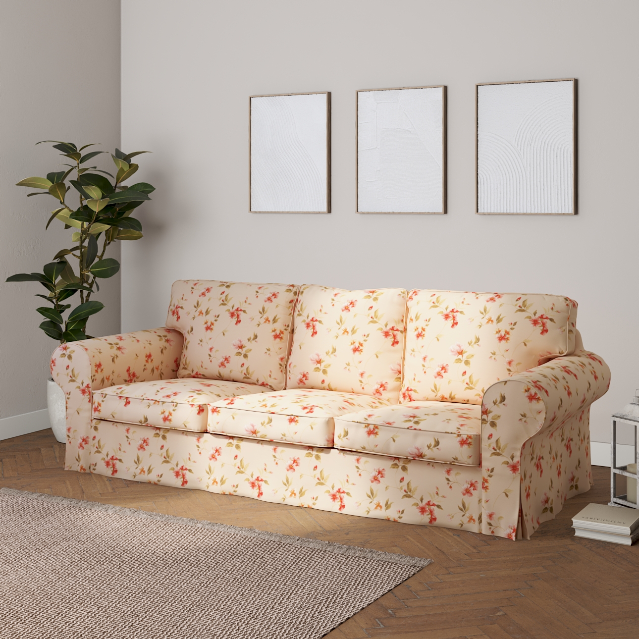 Housse canapé Ektorp 3 pl, non convertible, crème / fleurs, 14388, 218 x 88 x 73 cm Dekoria.fr