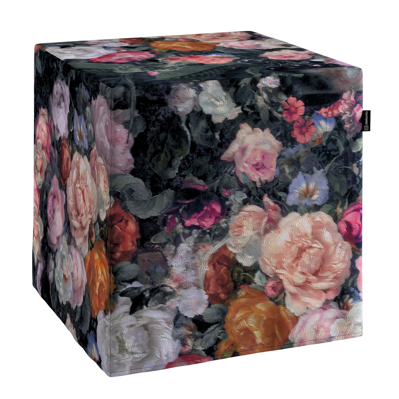 Dekoria Taburetka tvrdá, kocka, farebné kvety na tmavom pozadí, 40 x 40 x 40 cm, Gardenia, 161-02