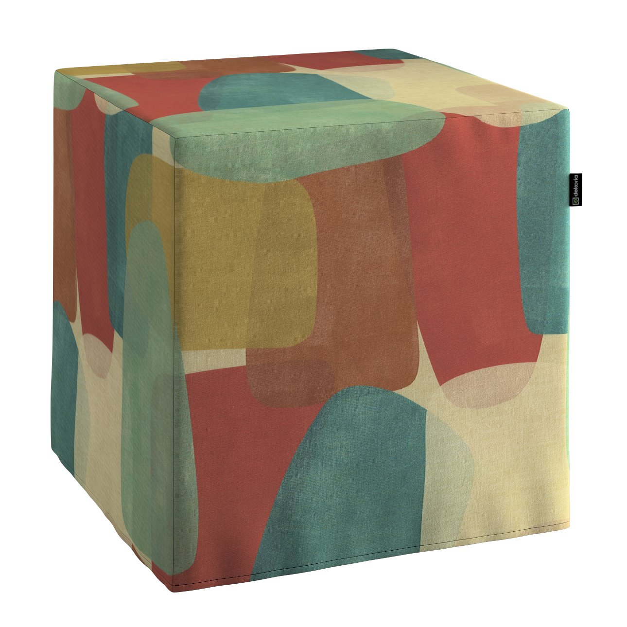 Dekoria Taburetka tvrdá, kocka, geometryczne wzory w czerwono-zielonej kolorystyce, 40 x 40 x 40 cm, Vintage 70\'s, 143-75